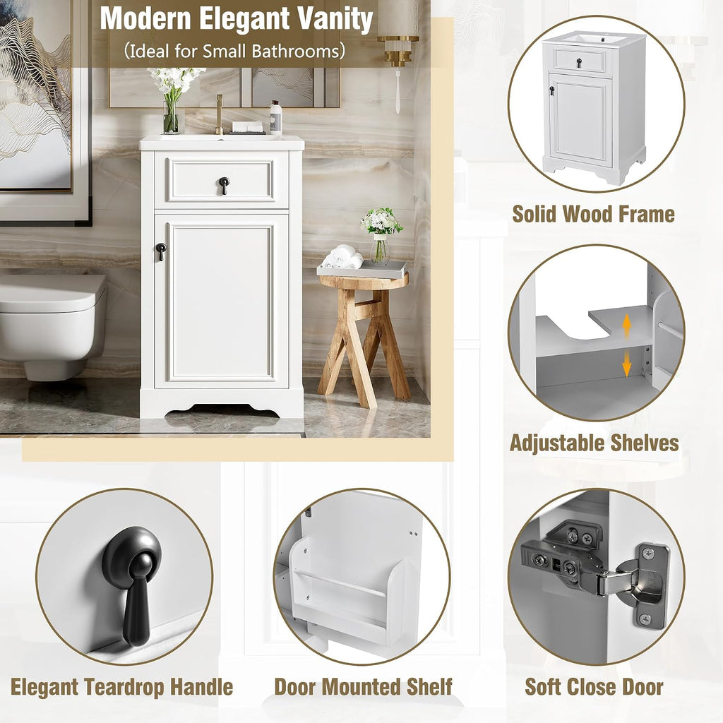 Harper & Bright Designs 20' Bathroom Vanity with Sink, Free Standing Single Basin Vanity Set with Soft Close Door & Adjustable Shelf, Solid Wood Storage Cabinet with Ceramic Basin for Bathroom, White