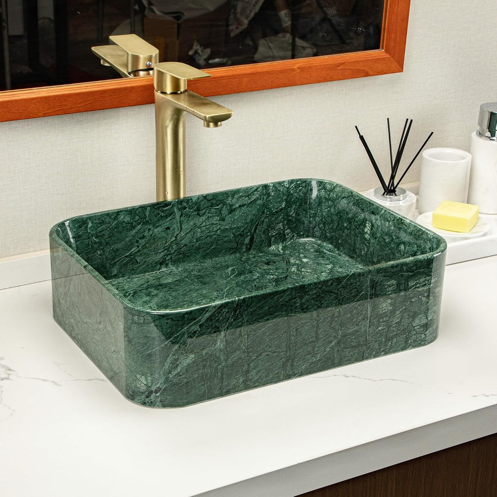Green Square Stone Sink, Bathroom Vessel Sink, made of natural marble with irregular green veining, creates a luxurious and sophisticated bathroom vanity or countertop.