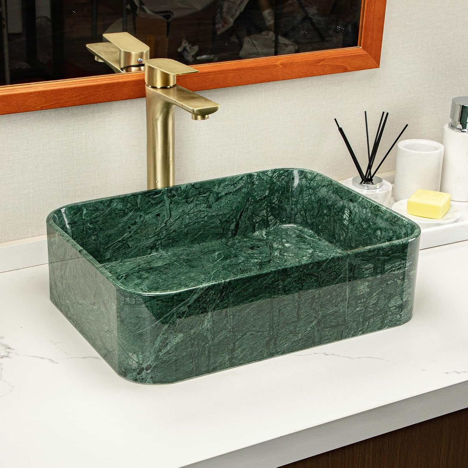 Green Square Stone Sink, Bathroom Vessel Sink, made of natural marble with irregular green veining, creates a luxurious and sophisticated bathroom vanity or countertop.