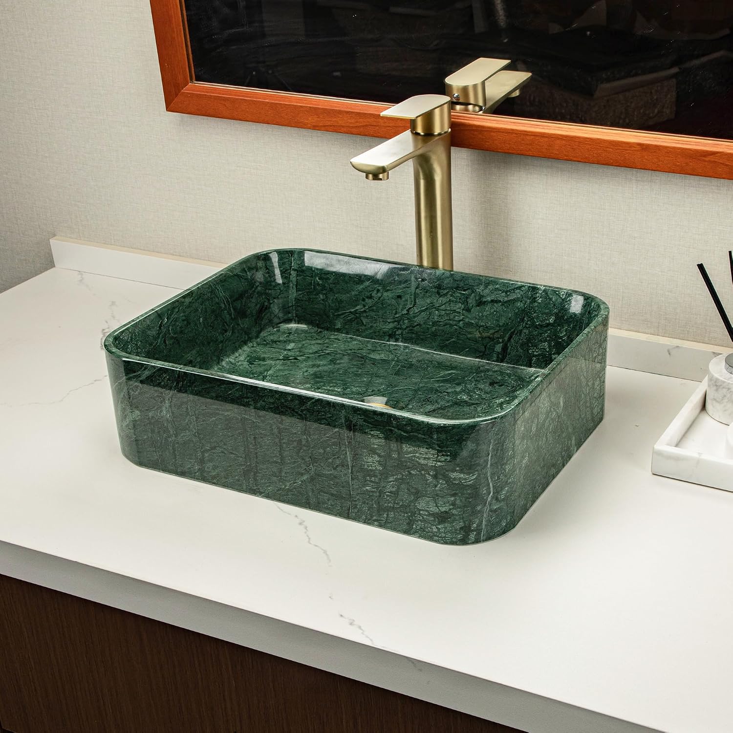 Green Square Stone Sink, Bathroom Vessel Sink, made of natural marble with irregular green veining, creates a luxurious and sophisticated bathroom vanity or countertop.