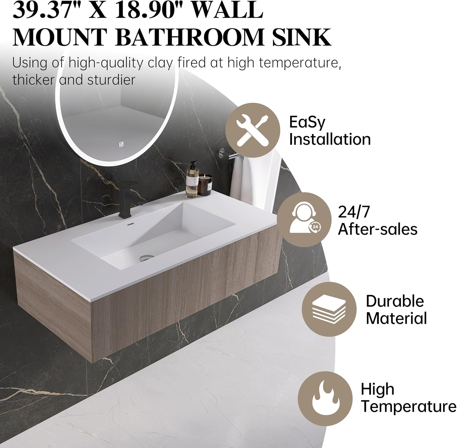Rectangular Single Sink Bathroom Vanity Top White Solid Surface Resin Vanity Top in Glossy White (White 39X19 inch)
