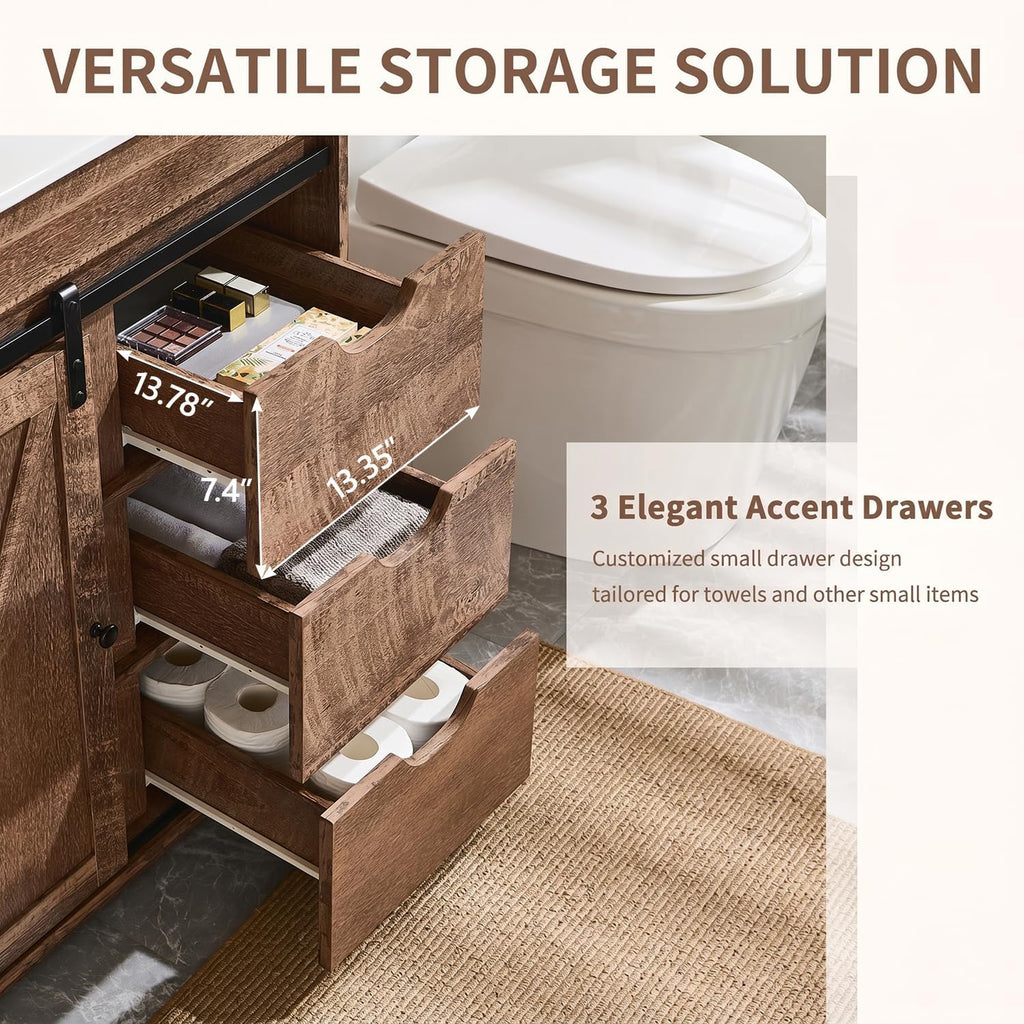 Aitjunz 30' Farmhouse Bathroom Vanity with Ceramic Sink Combo, Freestanding Modern Bathroom Storage Vanity Cabinet w/Sliding Barn Door, 3 Drawers & Adjustable Shelves, Light Brown