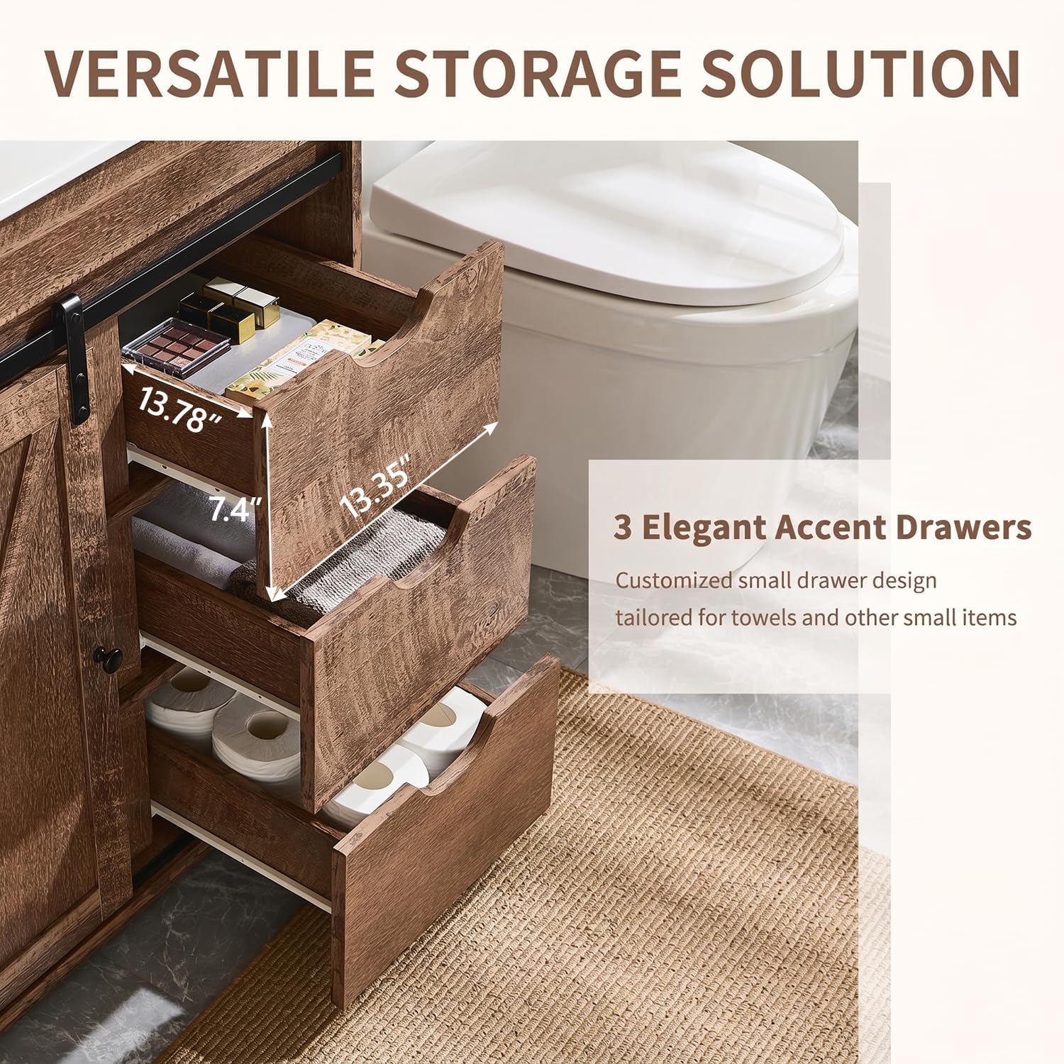 Aitjunz 30' Farmhouse Bathroom Vanity with Ceramic Sink Combo, Freestanding Modern Bathroom Storage Vanity Cabinet w/Sliding Barn Door, 3 Drawers & Adjustable Shelves, Light Brown