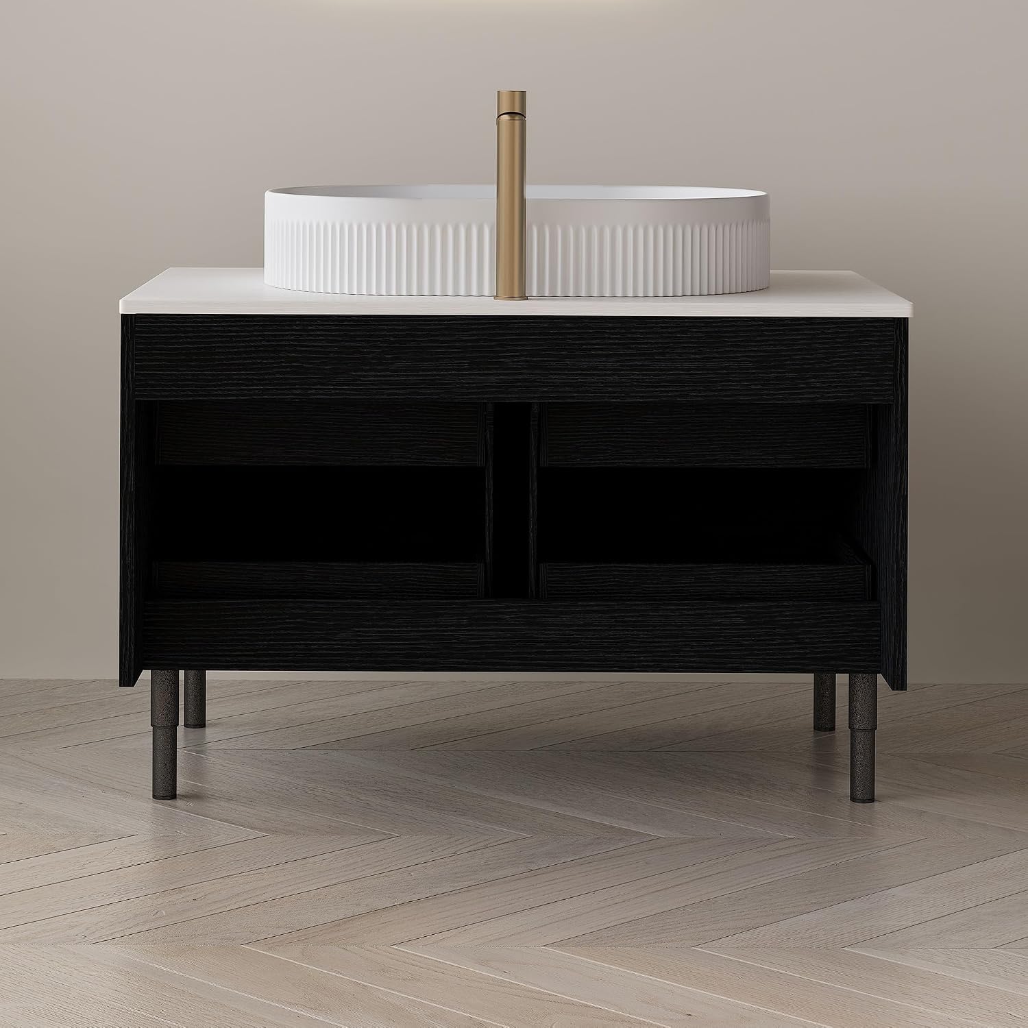 36' Bathroom Vanity with Above Oval Sink Set, Modern Black 2-in-1 Wall Mounted & Freestanding Bathroom Vanity Cabinet with Sintered Stone top&4 Storage Drawers, Bathroom Single Sink Cabinet