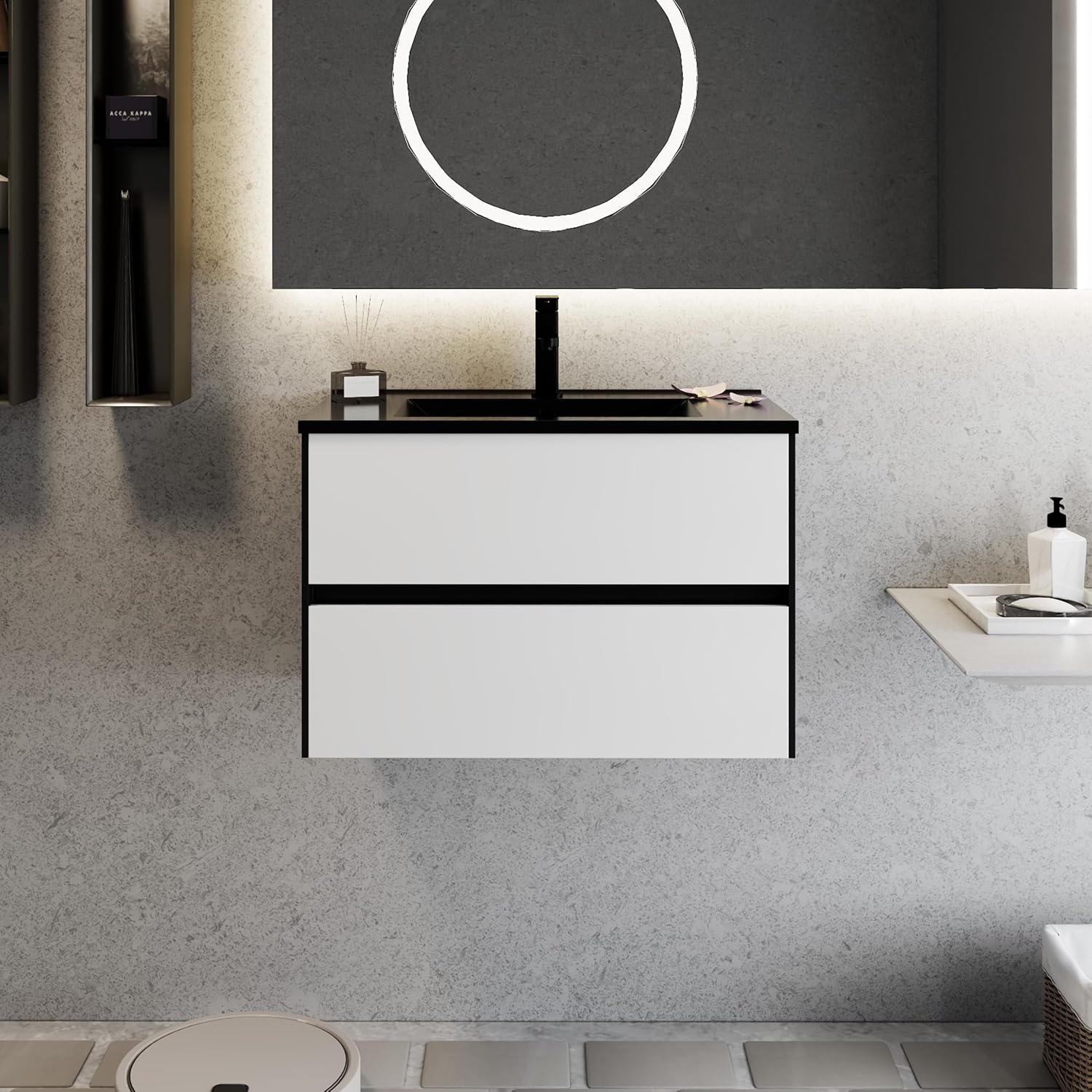 eclife 30' Bathroom Vanity Cabinet with Undermount Black Sink Combo, Wall Mounted Floating Bathroom Cabinet with Colors Mixed Style, 2 Big Drawers & Matte Black Faucet