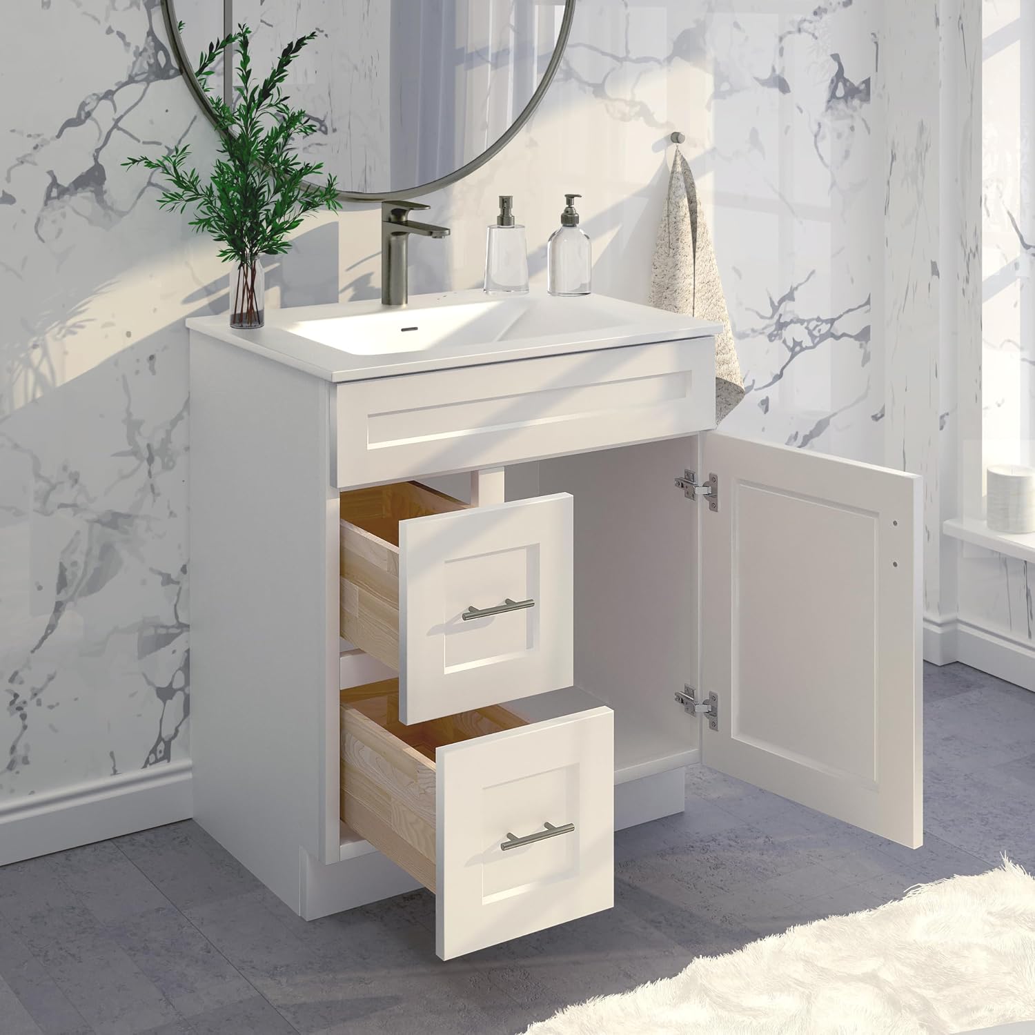 30' Shaker Bathroom Vanity Sink Base with Drawers (Ready-to-Assemble) (Vanity Base in White Shaker)