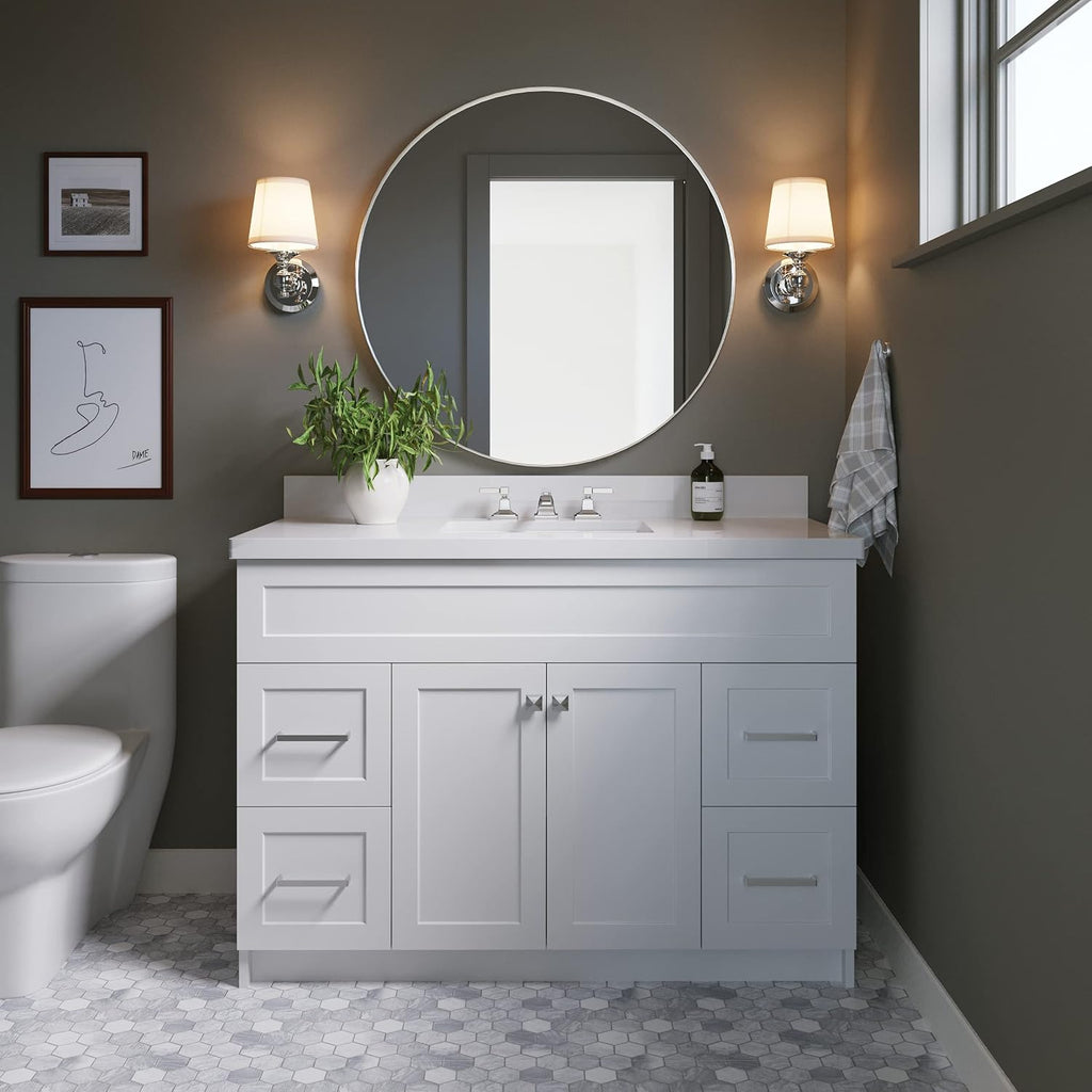 ARIEL Hamlet 48-inch Bathroom Vanity with Sink,Solid Wood, 1.5-inch Pure White Quartz Countertop & Backsplash, Single Rectangular Porcelain Sink, 2 Soft Closing Doors, 4 Dovetail Drawers, White