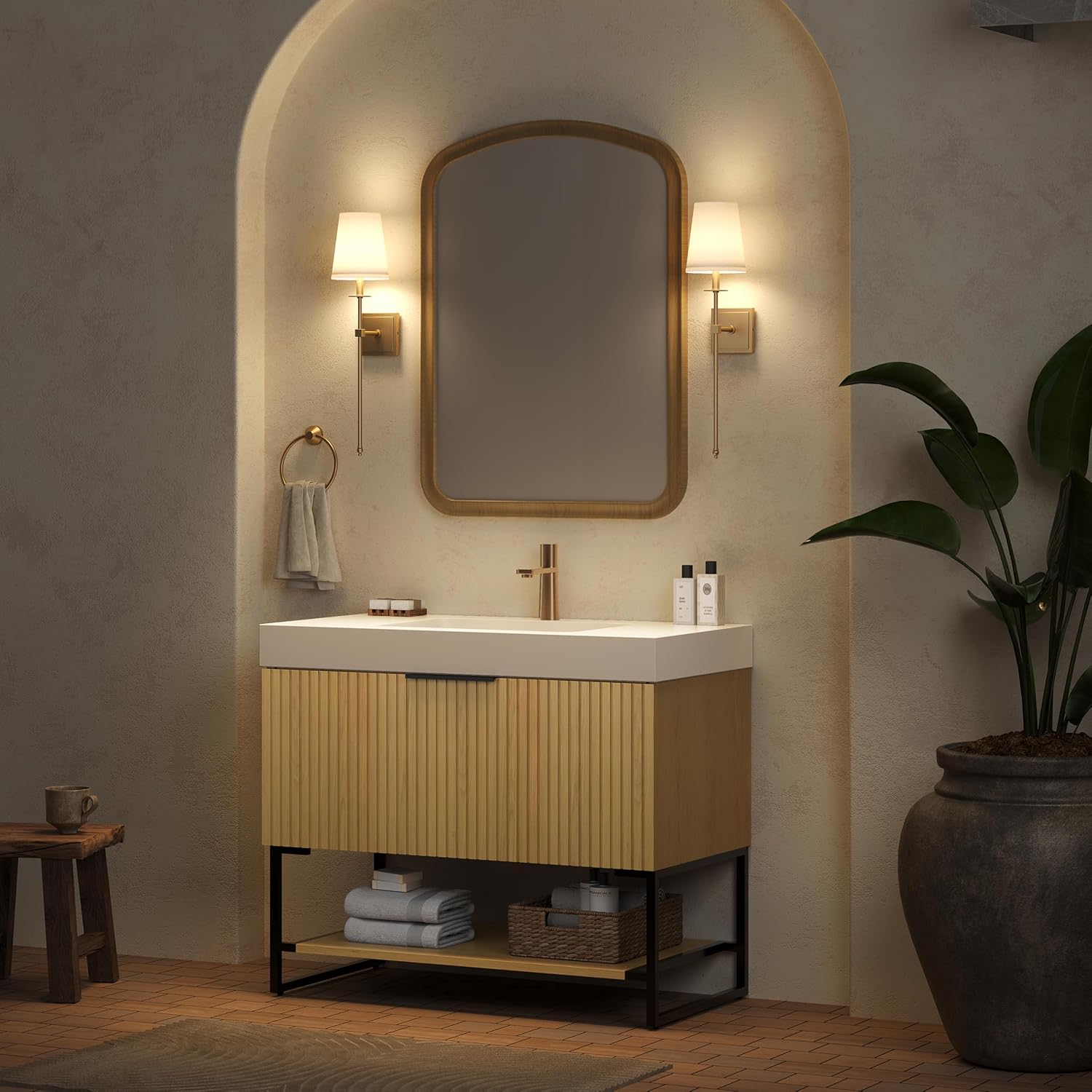 36'' Modern Bathroom Vanity with Sink, Freestanding Oak Plywood Cabinet with Rectangular Acrylic Integrated Basin, Bathroom Vanities Cabinet with Drawer and Open Shelf-Lund, Golden Oak