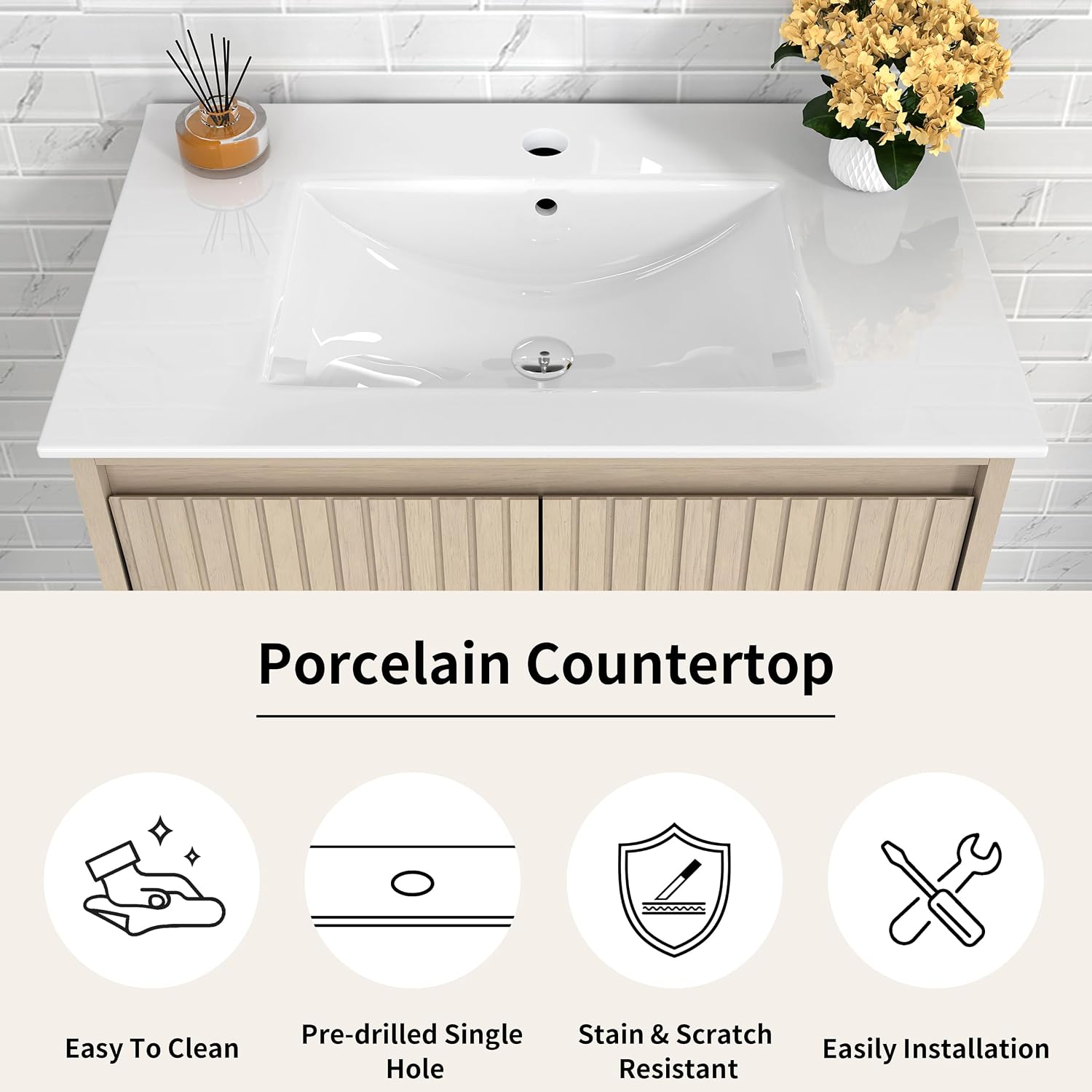 TILE & TOP Bathroom Vanity Set with Top, Sink and Backsplash, Solid Wood, Soft-Close Drawers, 1 Open Shelf, Adjustable Feet, Customer Support. (Coastal Oak, 24' Freestanding)