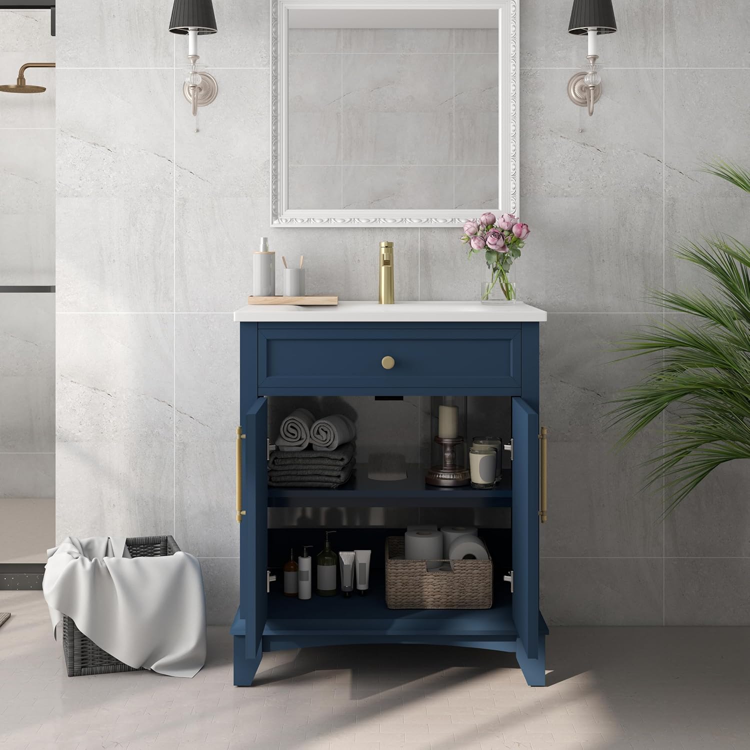 28 inch Bathroom Vanity with Sink Combo, Mid Century Modern Freestanding Bathroom Cabinet with Integrated Ceramic Sink, 2 Soft Closed Doors, Adjustable Shelves, Golden Handle, Blue