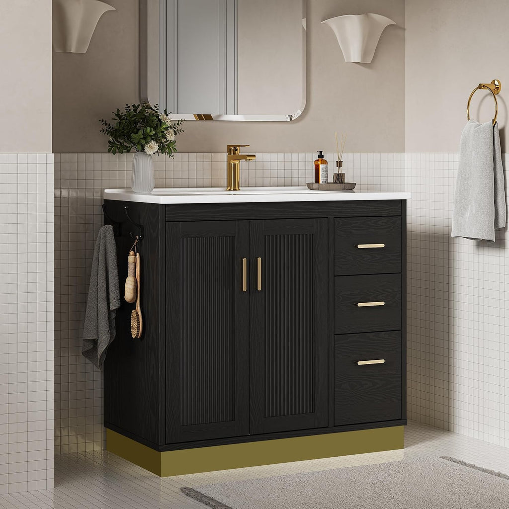 ANCTOR 36 inch Bathroom Vanity with Sink, Modern Black Bathroom Sink with Upgraded All-in-One SMC Sink, Adjustable Shelves, 2 Metal Hooks, Soft Closing Doors, 3 Drawers & Gold Handles