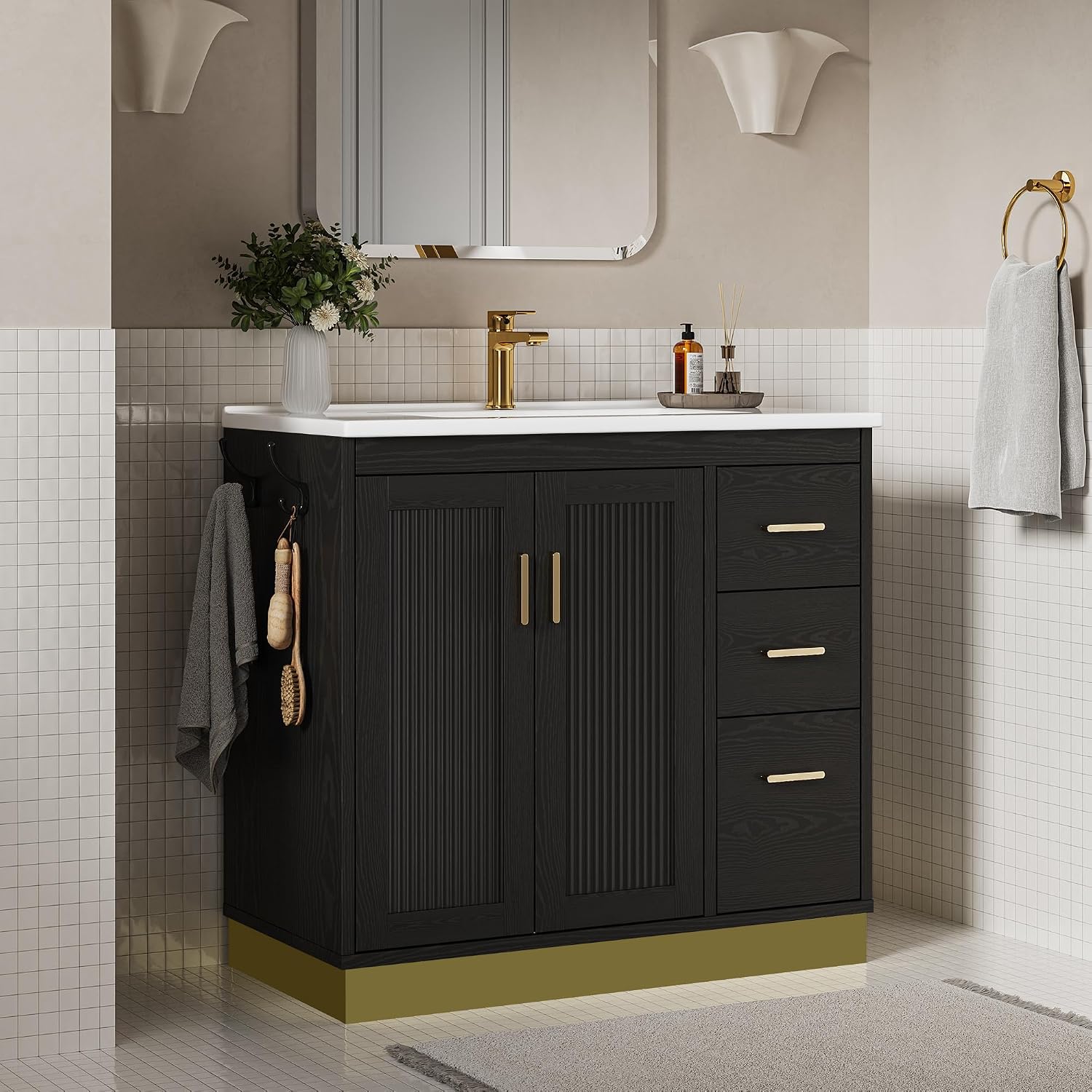 ANCTOR 36 inch Bathroom Vanity with Sink, Modern Black Bathroom Sink with Upgraded All-in-One SMC Sink, Adjustable Shelves, 2 Metal Hooks, Soft Closing Doors, 3 Drawers & Gold Handles