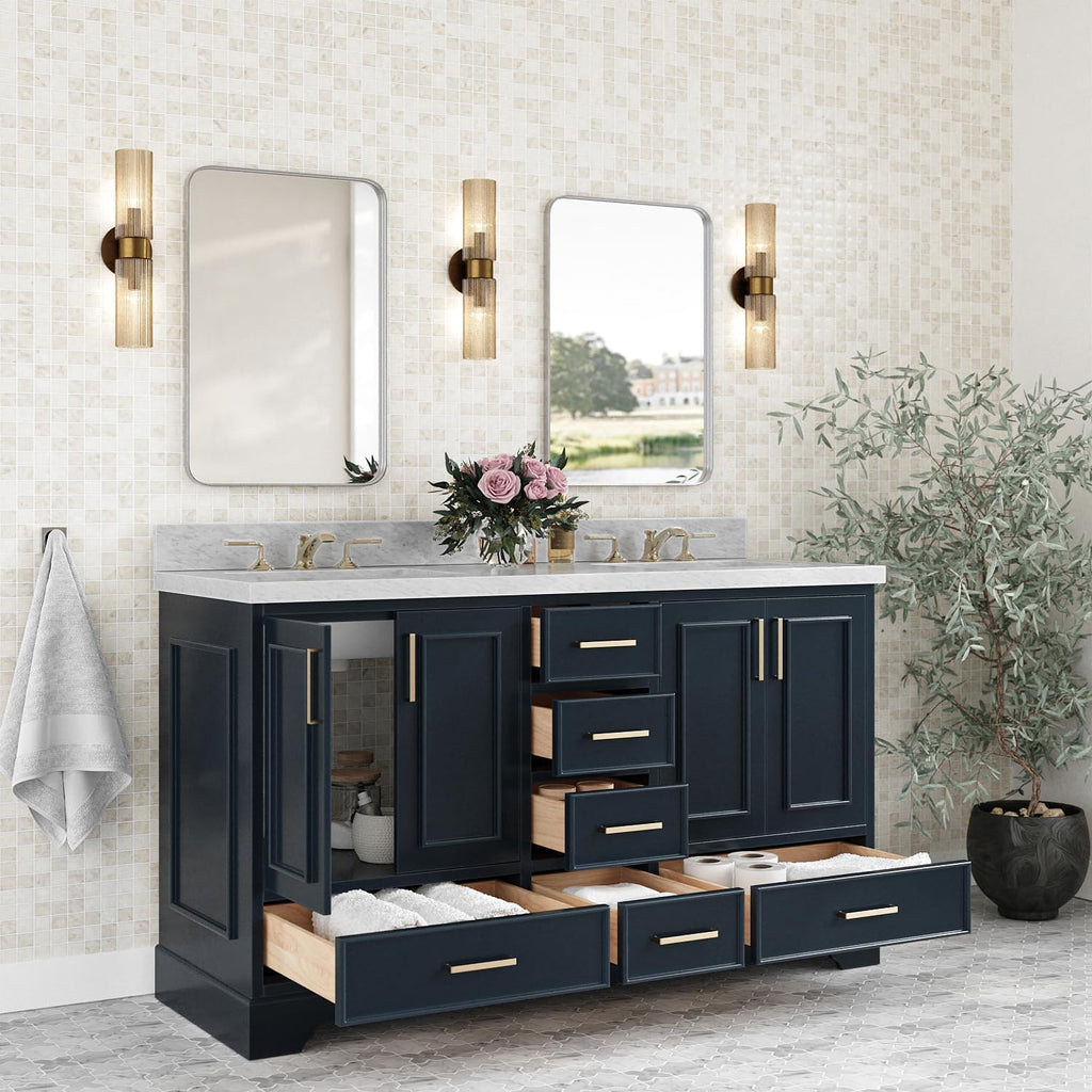 ARIEL Stafford 60-inch Bathroom Vanity with Sink,Solid Wood, 1.5-inch Italian Carrara Marble Countertop, Double Oval Porcelain Sink, 4 Soft Closing Doors, 6 Dovetail Drawers, Midnight Blue