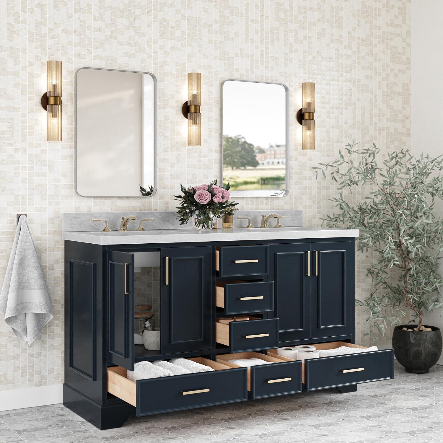ARIEL Stafford 60-inch Bathroom Vanity with Sink,Solid Wood, 1.5-inch Italian Carrara Marble Countertop, Double Oval Porcelain Sink, 4 Soft Closing Doors, 6 Dovetail Drawers, Midnight Blue