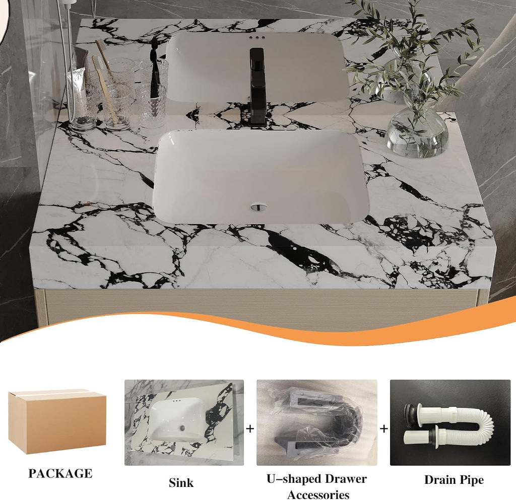 30' Bathroom Vanity with Sink Set, Modern Oak Wall Mounted Bathroom Vanity Cabinet with Sintered Stone Top&Gold Handle 2 Drawers&2 Open Storage, Single Sink Floating Bathroom Vanity