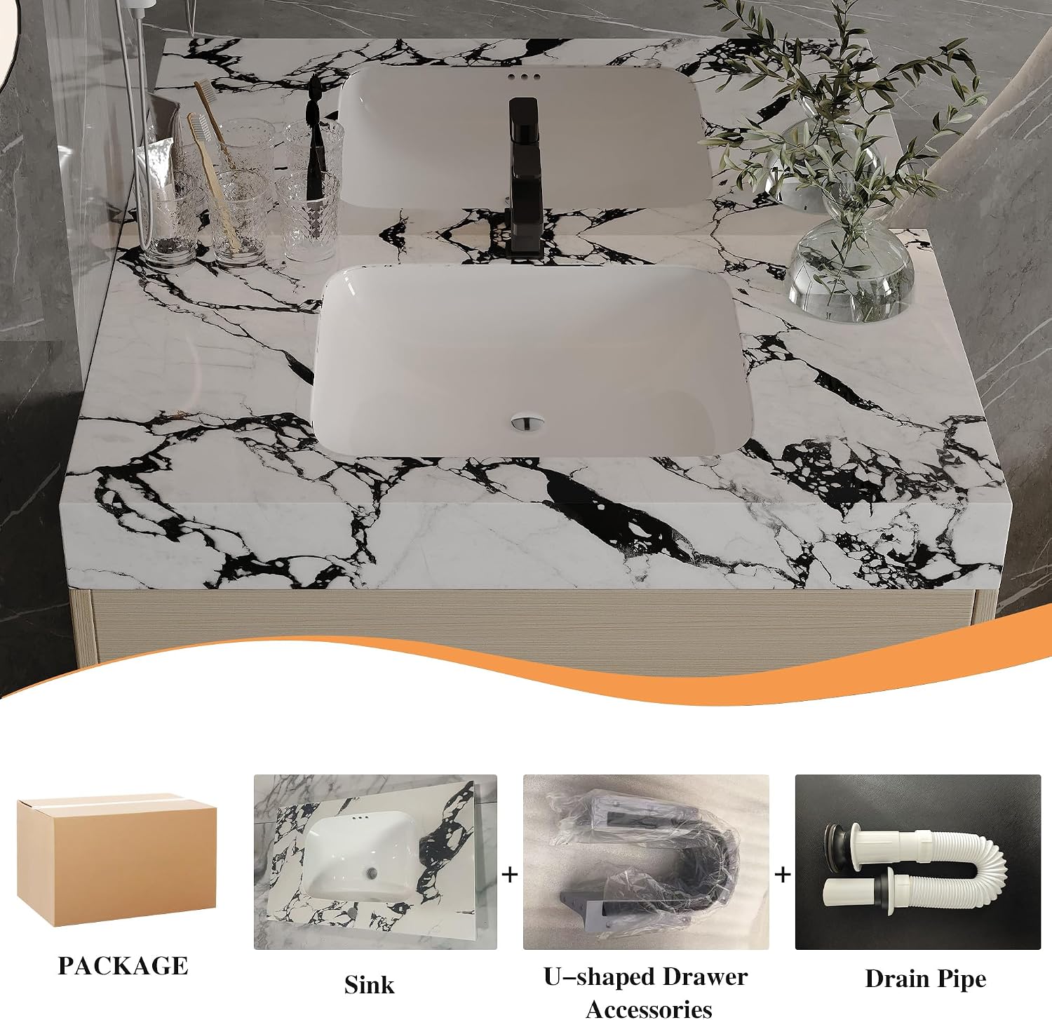 30' Bathroom Vanity with Sink Set, Modern Oak Wall Mounted Bathroom Vanity Cabinet with Sintered Stone Top&Gold Handle 2 Drawers&2 Open Storage, Single Sink Floating Bathroom Vanity