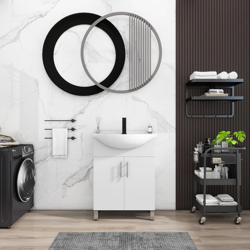LUCKWIND 24 Inch White Laundry Sink Cabinet Set with Ceramic Belly Bowl Sink and Faucet - Bathroom Vanity Combo, Ceramic Utility Sink for Laundry, Utility Room, Bathroom, Kitchen