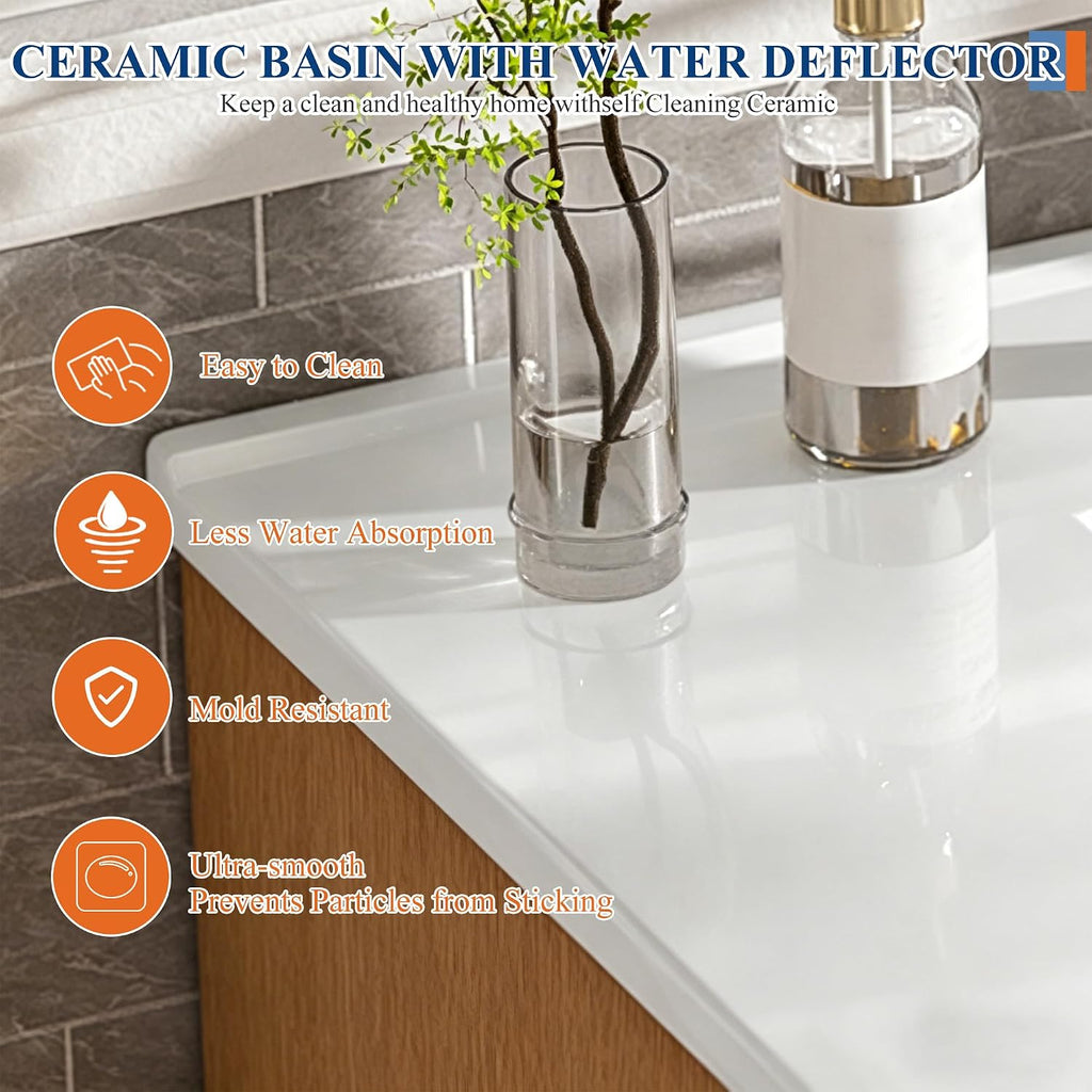 36 Inch Bathroom Vanity with Sink, Modern Fluted Single Bathroom Vanity with Ceramic Sink, Bath Room Cabinet with Divided Drawers, Wall-Mounted Modern Storage Vanity for Small Space (36''-Wood)