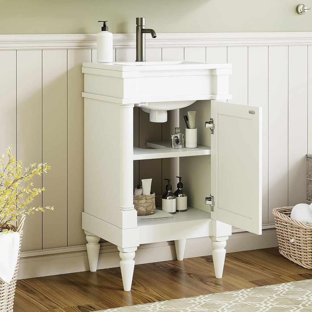 VilroCaz Modern 18'' Bathroom Vanity with Top Sink, Freestanding Bathroom Storage Cabinet with Door and Adjustable Shelf, Single Sink Cabinet with Nordic Style Legs (White-Retro)