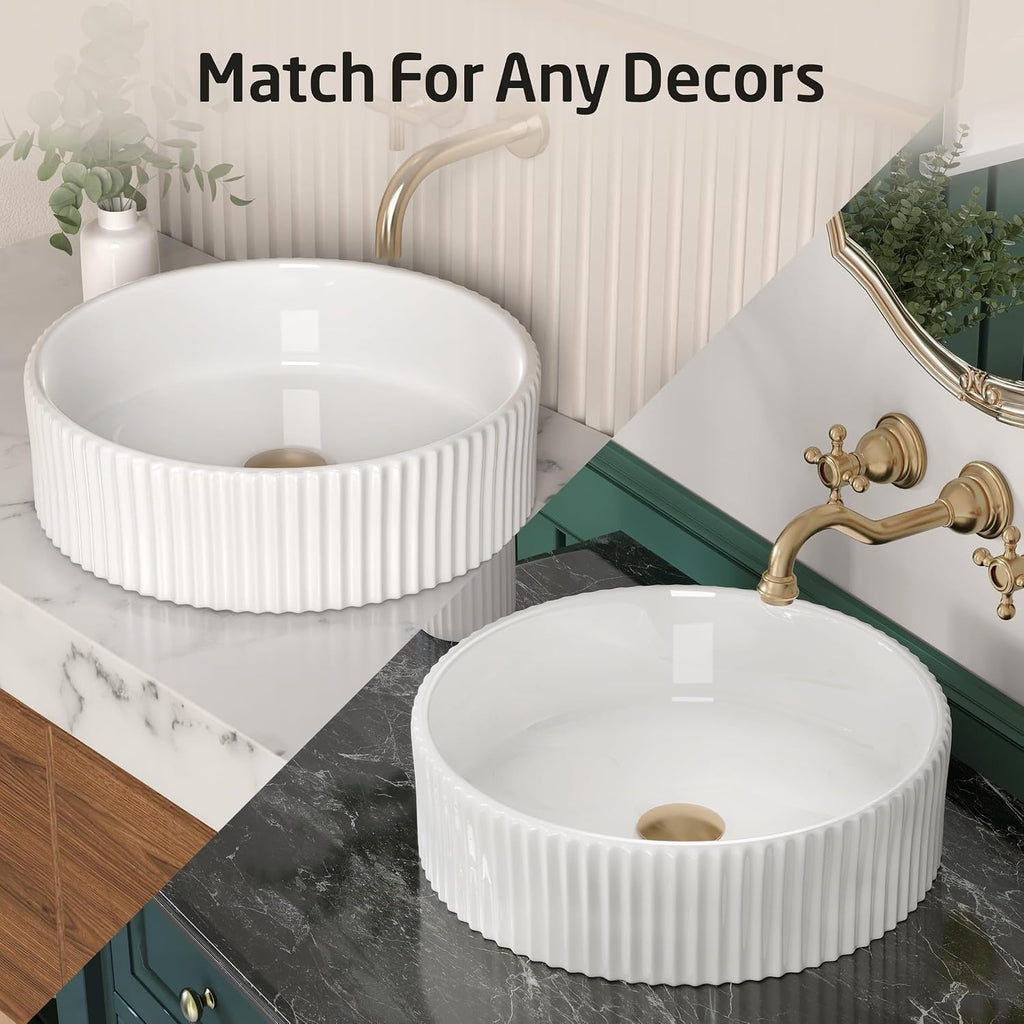 KES White Round Vessel Sink with Fluted Texture, 16 Inch Ceramic Bathroom Sink Above Counter, Small Porcelain Bowl Sink for RV Lavatory Vanity Countertop, BVSC129