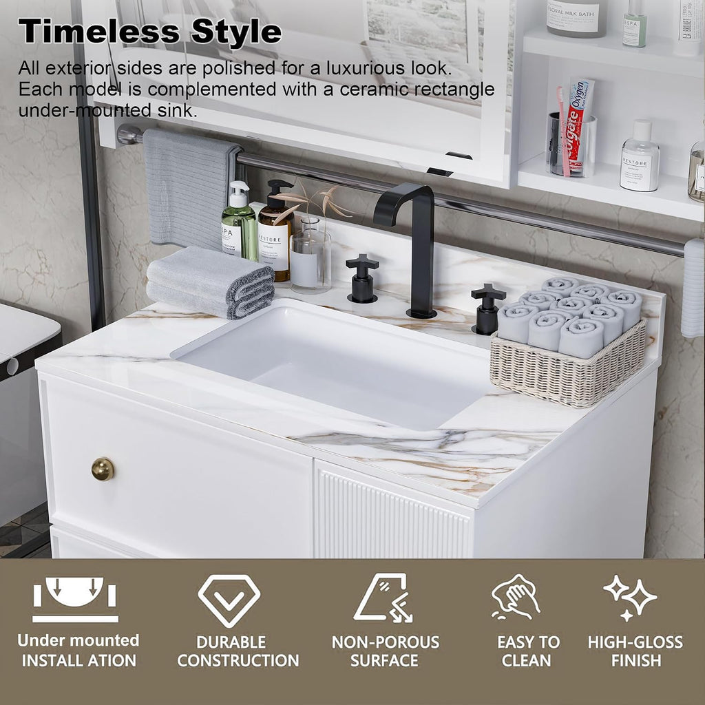 31 x 22 Inch Bathroom Vanity Top, Sintered Stone Vanity Top with Sink, Three Holes Marble Vanity Sink Top with Undermount Rectangular Sink & Backsplash (Belly Golden)