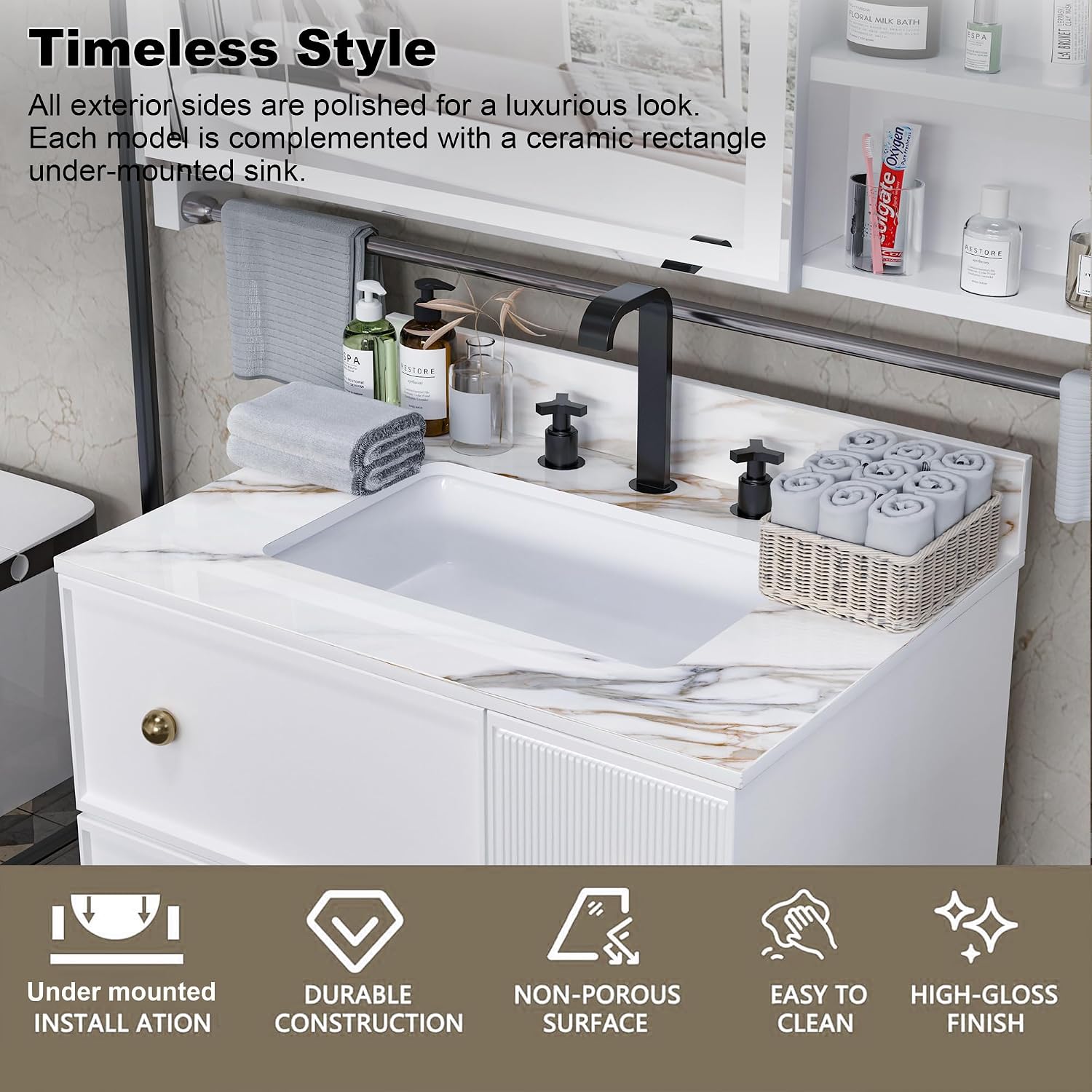 31 x 22 Inch Bathroom Vanity Top, Sintered Stone Vanity Top with Sink, Three Holes Marble Vanity Sink Top with Undermount Rectangular Sink & Backsplash (Belly Golden)