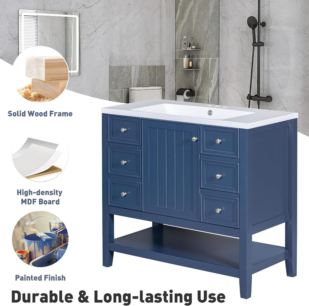 LUMISOL 36' Bathroom Vanity with Sink Combo, Bathroom Vanity Storage Cabinet with 3 Drawers & Open Shelf, Solid Wood Frame Bathroom Cabinet with Ceramic Sink, Navy Blue