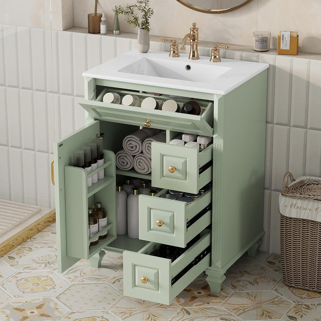 24' Bathroom Vanity with Sink & Countertop Modern Single Sink Vanity with 1 Flip-Out Drawer & 3 Drawers & Door Racks Freestanding Bathroom Sink Cabinet Saving Space,Light Green
