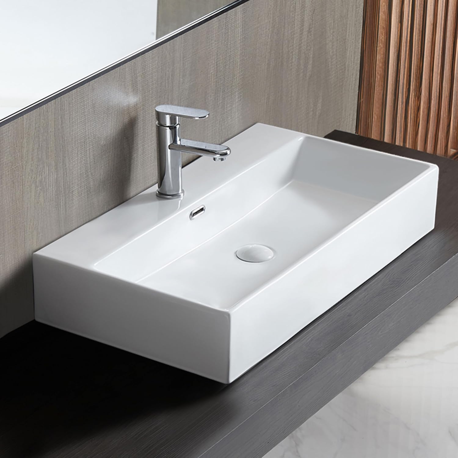 Eridanus Bathroom Sink 30' x 16' Rectangular Vessel Sink, Wall Mount Above Counter Vanity Sink, Premium Ceramic White Art Basin with Overflow, Lavatory Trough Floating Washbasin