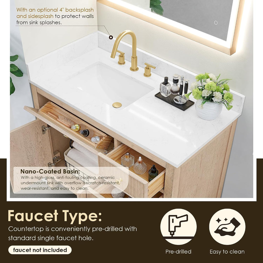 Cerrito 42' Wood Vanity in Natural Oak Grain Engineered Stone Top no Mirror