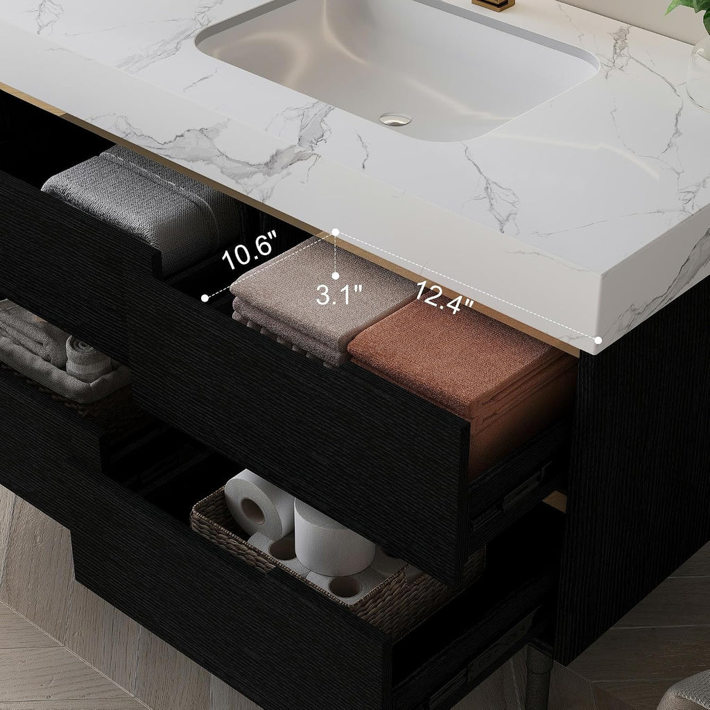 Glintee 36' Modern Bathroom Vanity with Ceramic Sink – Sintered Stone Top, 4 Soft-Close Drawers, Sturdy Solid Wood Cabinet, Wall-Mounted or Freestanding, Easy Assembly, Black & White