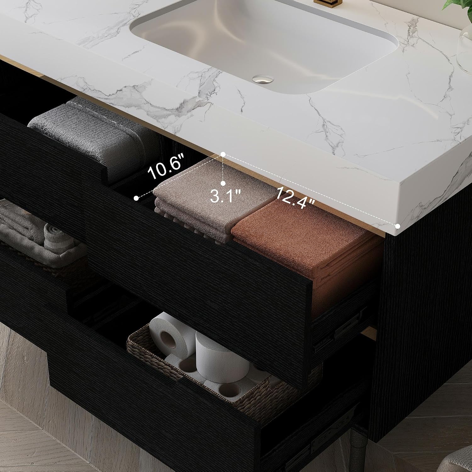Glintee 36' Modern Bathroom Vanity with Ceramic Sink – Sintered Stone Top, 4 Soft-Close Drawers, Sturdy Solid Wood Cabinet, Wall-Mounted or Freestanding, Easy Assembly, Black & White