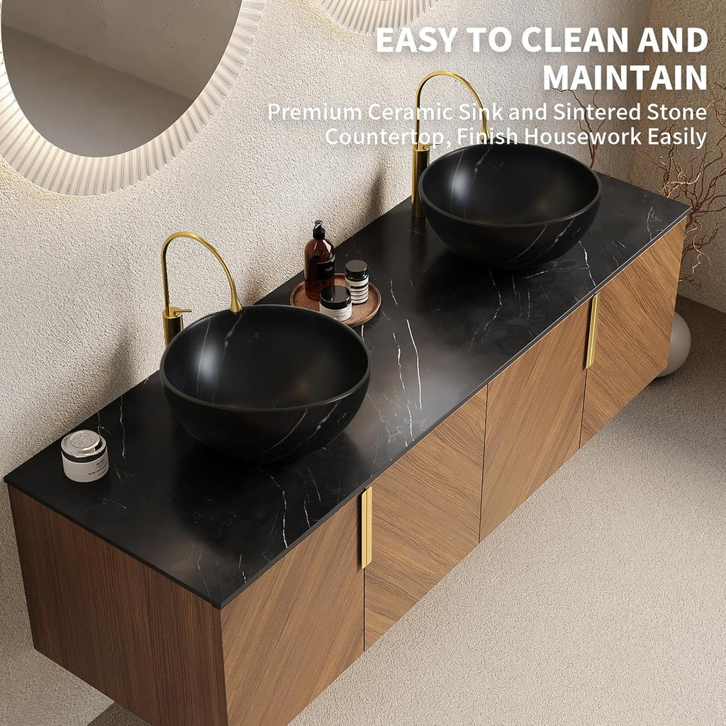 LKTART 60 Inch Bathroom Vanity Double Sink, Double Sink Bathroom Vanity with Black Bowl Ceramic Basins, 4 Doors Modern Wall Mounted Bathroom Storage Cabinet, Black Sintered Stone Countertop, Brown