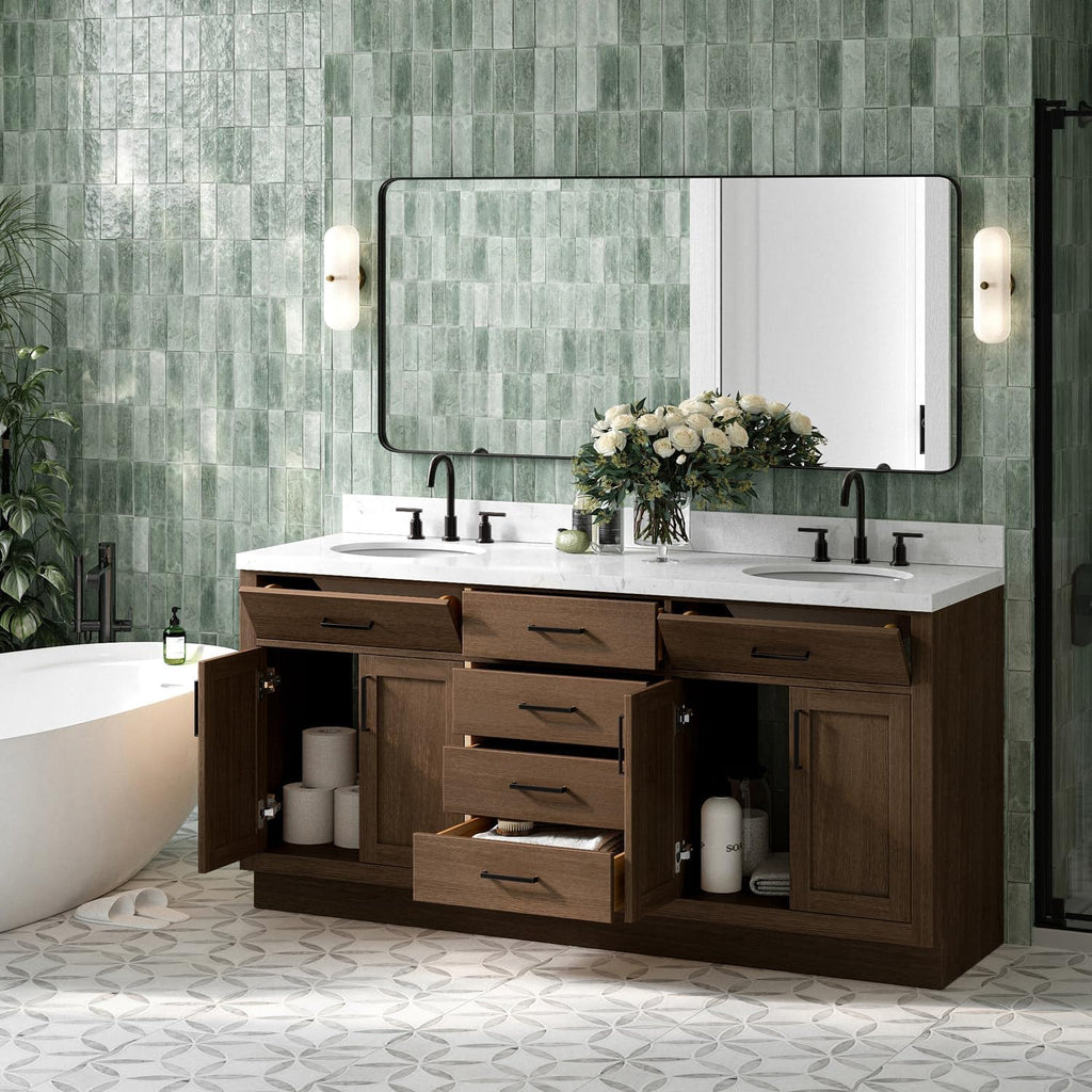ARIEL Hepburn 72-inch Bathroom Vanity with Sink,Solid Wood, 1.5-inch Carrara White Quartz Countertop & Backsplash, Double Oval Porcelain Sink, 4 Soft Closing Doors, 6 Dovetail Drawers, Brown Oak