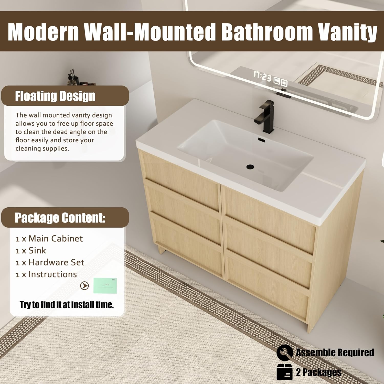 42 Inch Bathroom Vanity with Sink, 42' Freestanding Bathroom Vanity for Large Space, Premium Plywood Wooden Cabinet with 2 Soft Close Doors, Modern Floor Stand Cabinet Set, White Resin Sink Top
