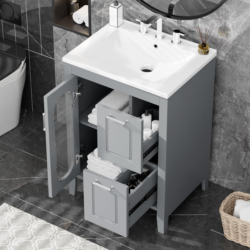 LUMISOL 24' Bathroom Vanity with Sink, Solid Wood Bathroom Vanity with Glass Door and 2 Drawers, Free Standing Single Bathroom Cabinet with Ceramic Basin, Soft-Closing, Gray
