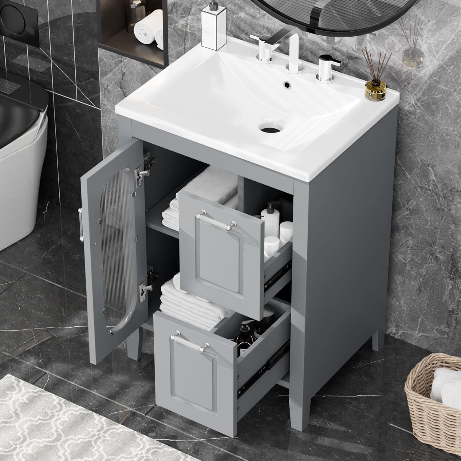 LUMISOL 24' Bathroom Vanity with Sink, Solid Wood Bathroom Vanity with Glass Door and 2 Drawers, Free Standing Single Bathroom Cabinet with Ceramic Basin, Soft-Closing, Gray