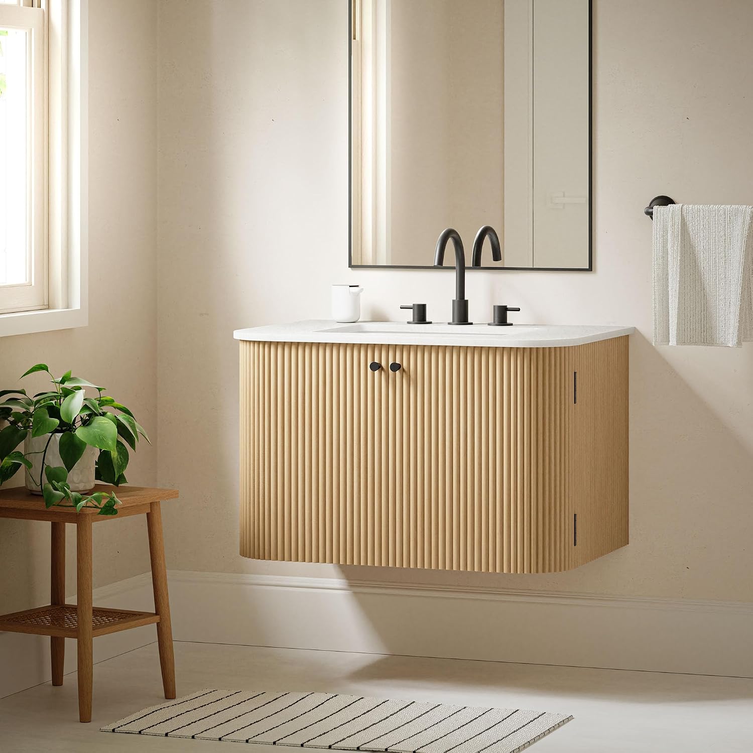 Modway Zia 30 Inch Wall-Mount Bathroom Vanity in Natural with Marble Sink Basin - Floating Bathroom Cabinet with Fluted Design