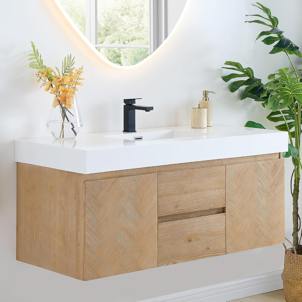 48 Inch Floating Sink Bathroom Vanity Wall Mount Single Vanities Overflow Mordern Large Storge Cabinet with Ceramic Countertop Double Soft Closing Drawers Pre-Assembled