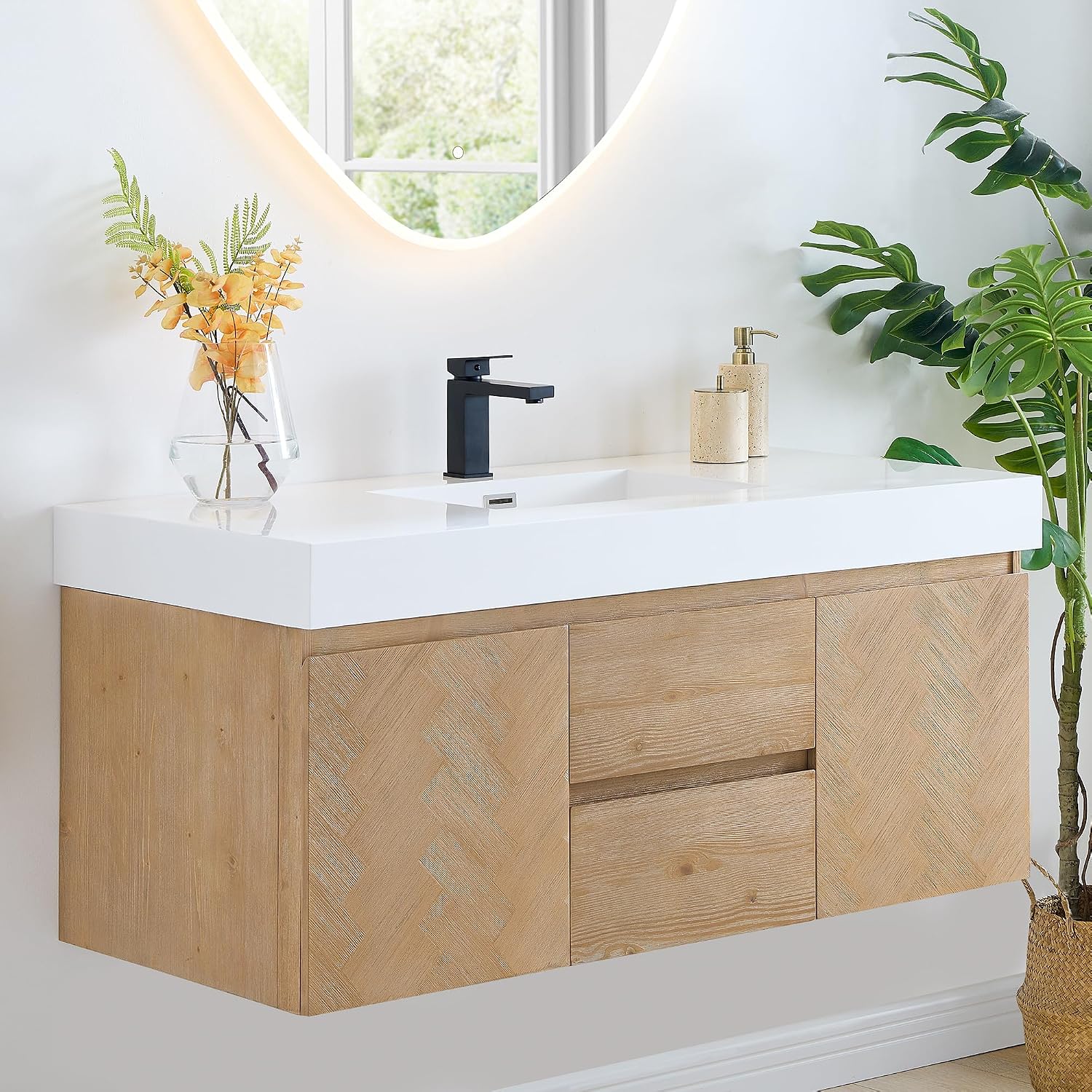 48 Inch Floating Sink Bathroom Vanity Wall Mount Single Vanities Overflow Mordern Large Storge Cabinet with Ceramic Countertop Double Soft Closing Drawers Pre-Assembled