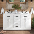 ARIEL Hepburn 60-inch Bathroom Vanity with Sink,Solid Wood, 1.5-inch Carrara White Quartz Countertop & Backsplash, Double Oval Porcelain Sink, 4 Soft Closing Doors, 6 Dovetail Drawers, White