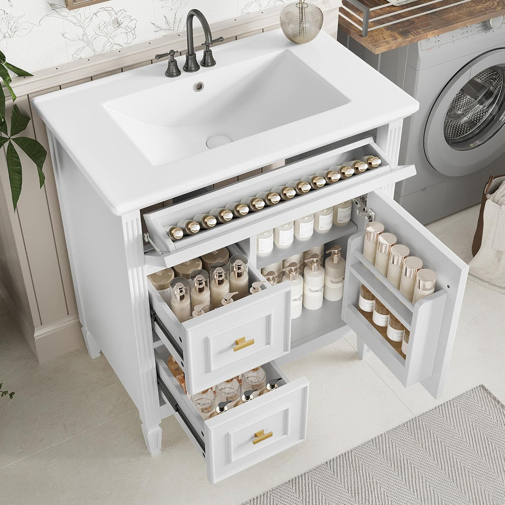 Harper & Bright Designs 30' Bathroom Vanity with Sink, Free Standing Vanity Set with Tip-Out Drawer, 2 Drawers, and Adjustable Shelf, Wood Bathroom Cabinet with Ceramic Basin for Bathroom, White