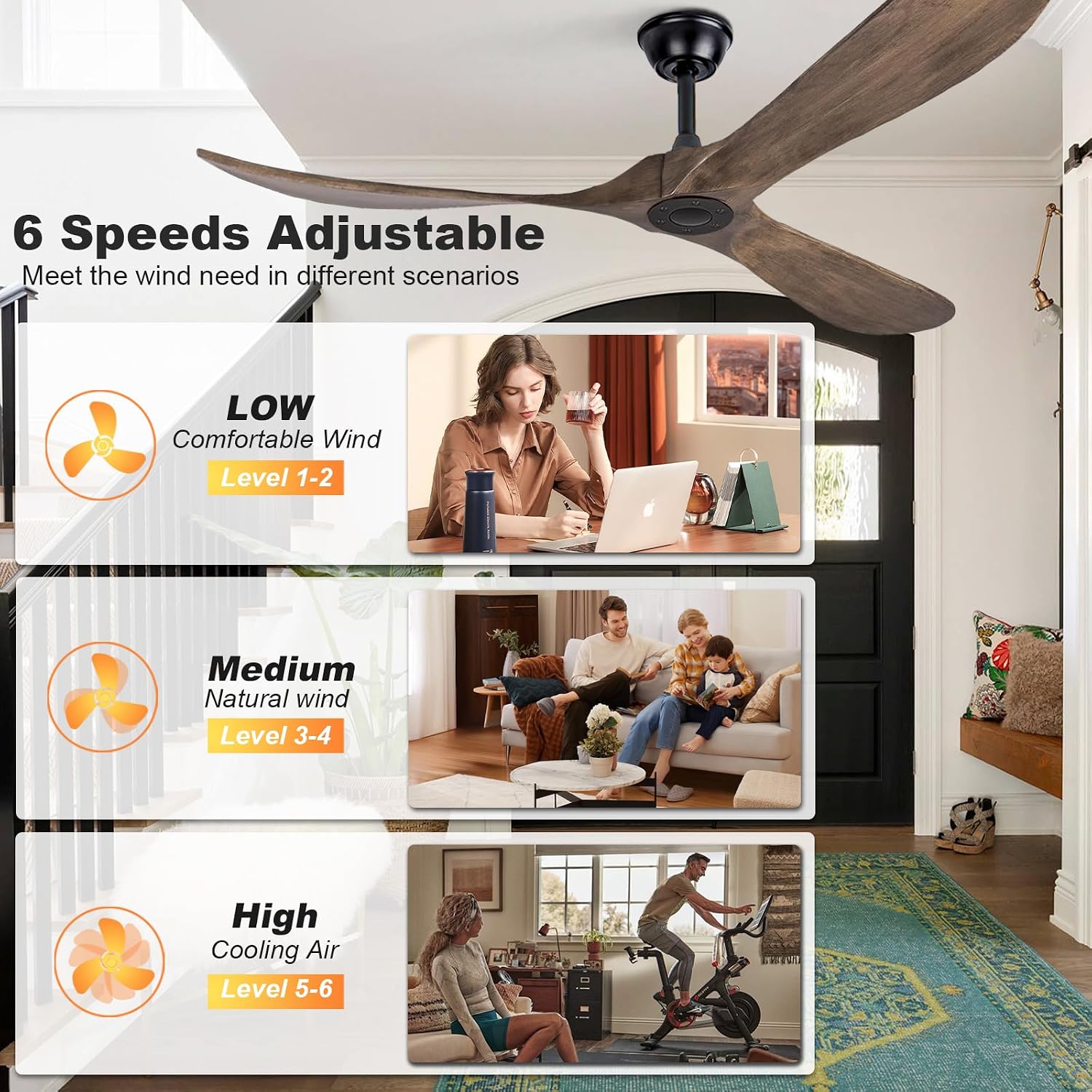 72Inch Large Size Solid Wood Ceiling Fan Without Light With Wall Switch & Remote Control Reversible DC Motor 6 Speed 3 Blade Ceiling Fan No Light Low Profile Ceiling Fan For Bedroom Indoor Deep Brown