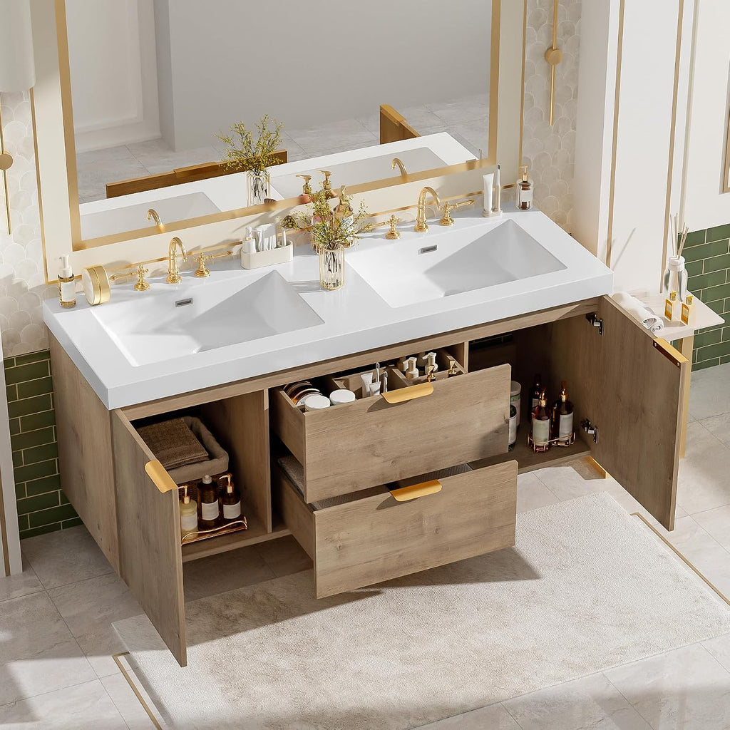 60'' Floating Bathroom Vanity with Sink, Wall-Mounted Cabinet with Drawer & Doors, SMC Resin Top Undermount Basin, Soft-Close, with Handle for Large Bathrooms