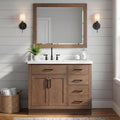 DKB Isabella 42-Inch Brown Oak Single Bathroom Vanity with Sink, 1.5-Inch Edge Pure White Quartz Countertop & 4' Backsplash, Soft-Closing Doors & Drawers, Solid Oak Wood Construction