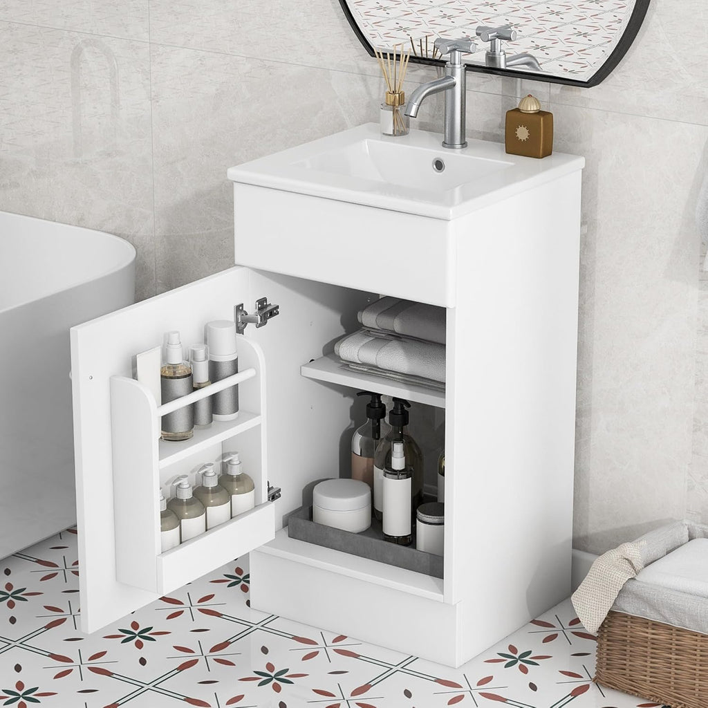Harper & Bright Designs 18' Bathroom Vanity with Sink, Free Standing Single Basin Vanity Set with Adjustable Shelf & Storage Rack, Solid Wood Bathroom Cabinet with Ceramic Basin for Bathroom, White