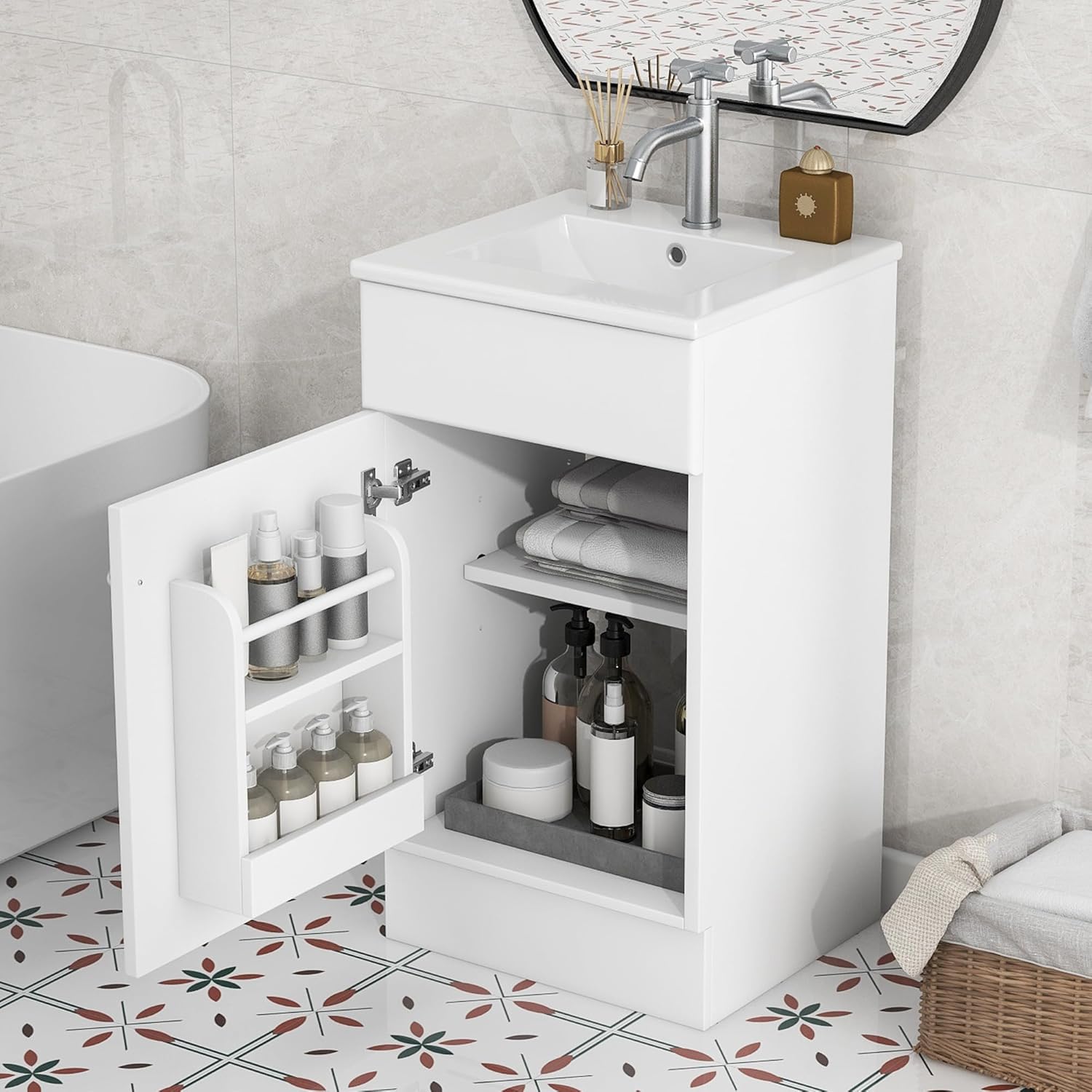 Harper & Bright Designs 18' Bathroom Vanity with Sink, Free Standing Single Basin Vanity Set with Adjustable Shelf & Storage Rack, Solid Wood Bathroom Cabinet with Ceramic Basin for Bathroom, White