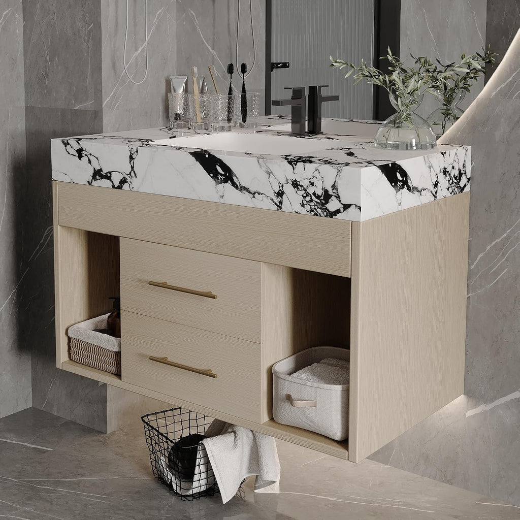 30' Bathroom Vanity with Sink Set, Modern Oak Wall Mounted Bathroom Vanity Cabinet with Sintered Stone Top&Gold Handle 2 Drawers&2 Open Storage, Single Sink Floating Bathroom Vanity