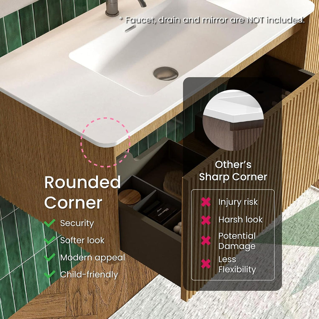 36' Bathroom Vanity with Sink, Modern Floating Vanity with Push Open Soft Close Drawer, Large Storage for Bathroom, Apartment, Hotel, Natural Oak, Fully Assembled - Camellia Collection