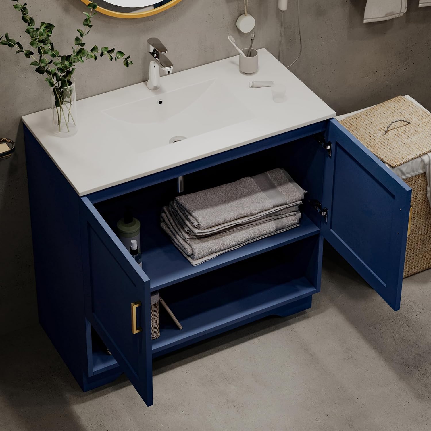 36 Inch Modern Bathroom Vanity with Ceramic Sink - Freestanding Cabinet 2 Soft-Close Doors & 1 Open Shelf, White Space-Saving Design for Powder Rooms (Blue)